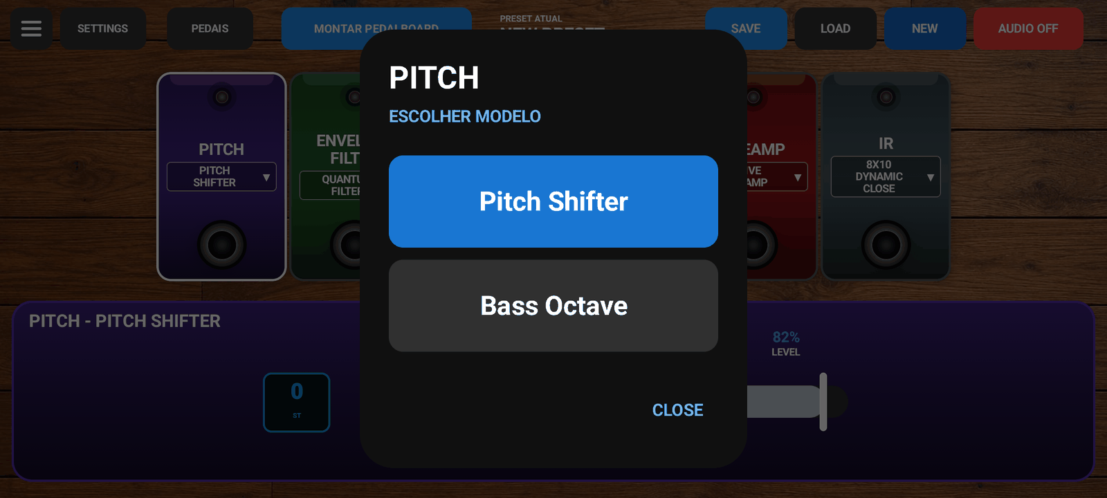 Seletor de modelos do pedal Pitch