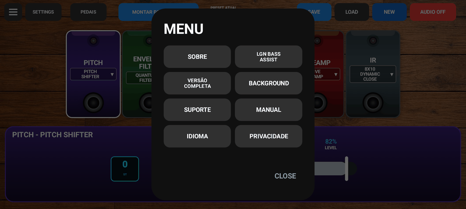 Menu do LGN BASS com Sobre, LGN BASS Assist, Versão completa, Background, Suporte, Manual, Idioma e Privacidade